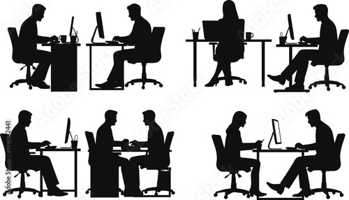 Office worker silhouette vector set, black desk activity poses with computers, meetings, and paperwork for business design, workplace icons, and productivity themes