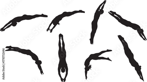Black silhouette swimmers diving into water in different positions, vector illustration for sports, swimming, competition, diving, athletic training, recreation themes.