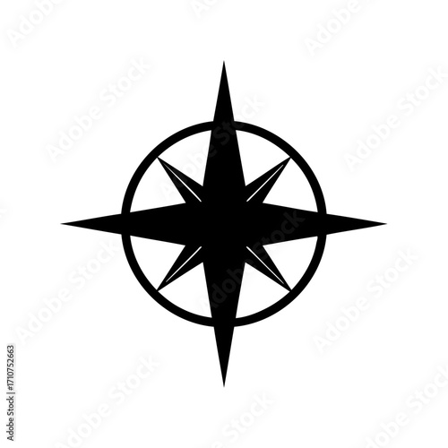 Compass rose symbol with eight points inside a circle black and white