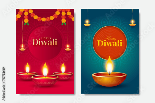 Happy Diwali social media post templates set. Diwali greeting card set vector illustration, banner, poster, flyer, background