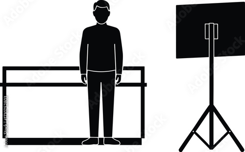 Presentation silhouette illustration, black-and-white figure with screen and table setup for business, education, and public speaking design themes