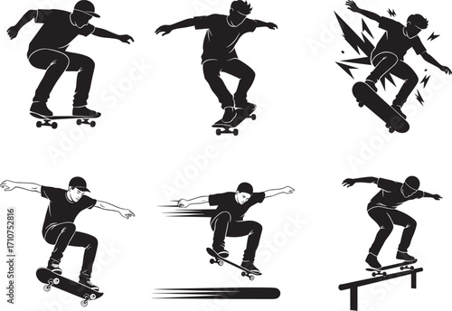 Black silhouette skateboarders performing tricks, jumps, and stunts on skateboards, vector illustration for sports, skateboarding, street culture, extreme action themes.