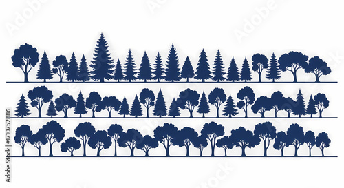 Diverse tree silhouettes. Horizontal forest borders featuring deciduous and coniferous trees, ideal for nature-themed graphic design, environmental concepts, and landscape banners