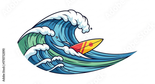 Cartoon wave surfing illustration with surfboard art for summer sport and ocean adventure design project