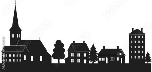 Black silhouette of small village skyline with church tower, houses, trees, and old buildings, rural town landscape illustration, European countryside architectural design