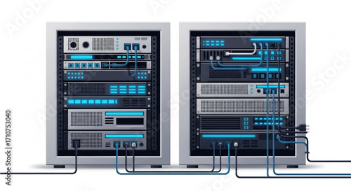 Data center server rack network infrastructure it equipment hosting servers and networking hardware illustration