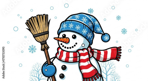 Cartoon snowman vector art with hat, scarf and broom for winter holiday season greetings and christmas design