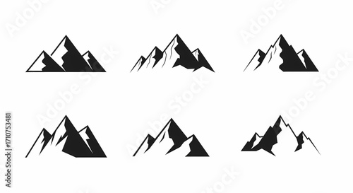 Six distinct minimalist mountain peak vector icons, ideal for outdoor adventure branding, nature-themed graphic design, and compelling wilderness logos, symbolizing exploration and natural grandeur