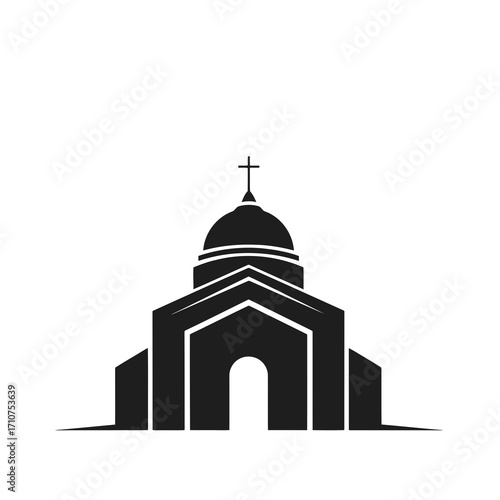Black silhouette of a church with a dome and cross isolated on white background