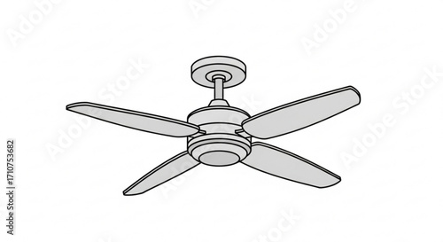 Ceiling fan with light fixture and four blades for home interior cooling and ventilation illustration