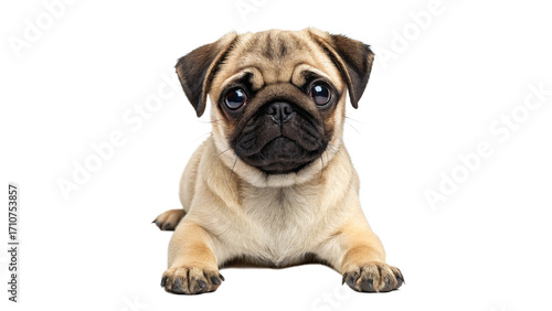 Fotografie Playful pug puppy with big eyes lying isolated on transparent background