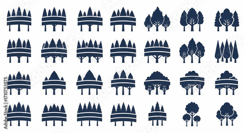 Conceptual collection of minimalist tree and forest silhouette icons, showcasing a wide array of stylized arboreal forms for ecological design, environmental branding
