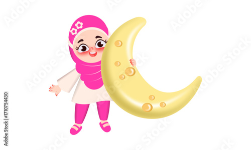 A young girl in a pink hijab holds a large crescent moon, likely for a cultural or religious celebration.
