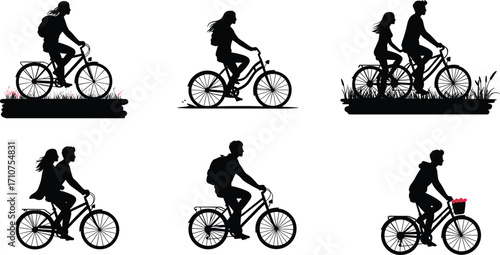 Stylized bicycle rider silhouette vector set, black cycling poses with backpacks, flowers, and duo scenes for lifestyle design, travel art, and outdoor motion