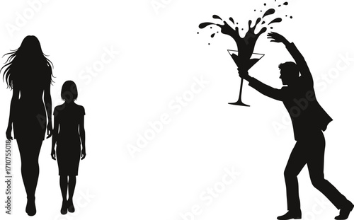 Stylized silhouette illustration of dramatic splash and standing figures, black-and-white scene for lifestyle, emotion, and character design themes