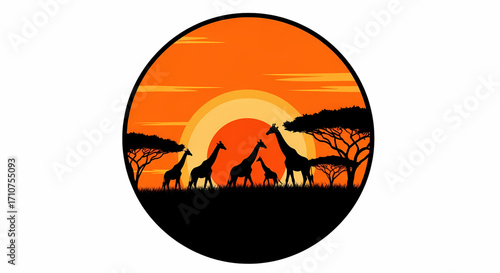 Vibrant African savanna sunset with silhouetted giraffes and acacia trees under a warm, glowing sky. Capturing the essence of wildlife, nature, and adventure