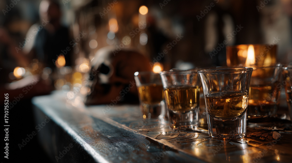 Obraz premium Deadly Consequences of Alcohol Depicted by Skull and Rum Shots