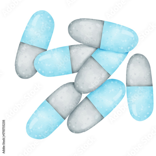 blue and white capsule medicine watercolor
