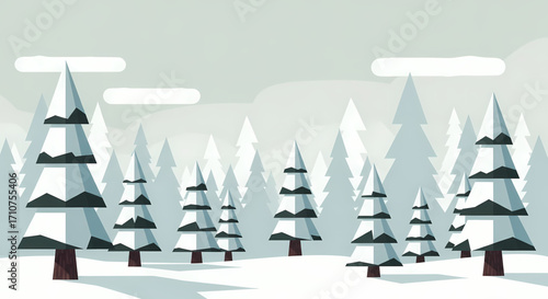 A serene and quiet winter forest landscape illustration, featuring snow-covered evergreen trees under a soft, cloudy sky, creating a peaceful and tranquil natural scene with a minimalist aesthetic