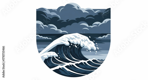 A powerful ocean wave cresting dramatically under a heavy, cloudy sky, rendered in a vintage pixel art style, embodying the untamed force of nature within a stylized shield emblem