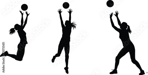 Volleyball action silhouette set, black-and-white illustrations of athletic figures reaching for ball in dynamic poses for sport and motion themes