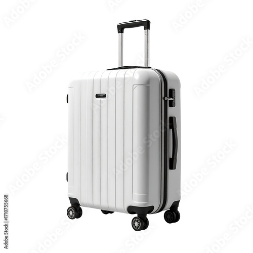 White hard-shell suitcase with black handles and wheels