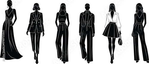 Women’s fashion silhouette vector set, black stylish outfits with modern cuts, elegant poses, and garment details for apparel design and trend illustration
