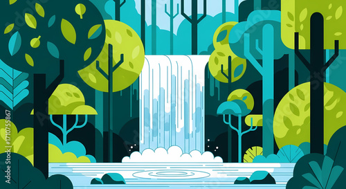 Peaceful flat design illustration showcasing a lush forest environment with a stunning waterfall, reflecting tranquility and the beauty of nature