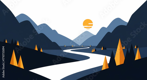 Abstract vector illustration of a tranquil mountain landscape at sunset, featuring a winding river, stylized trees, and majestic peaks, embodying modern design and nature's peaceful grandeur
