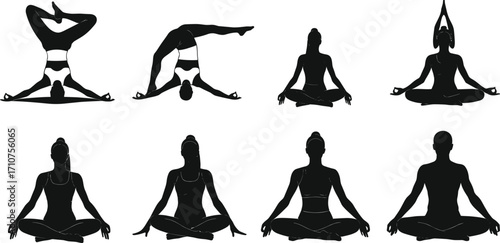 Yoga pose silhouette vector set, black meditation and flexibility icons, seated and inverted positions for wellness, mindfulness, fitness, and spiritual design