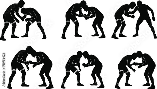 Wrestling silhouette set, black-and-white illustrations of grappling techniques and dynamic poses for sports, training, action, and character design themes