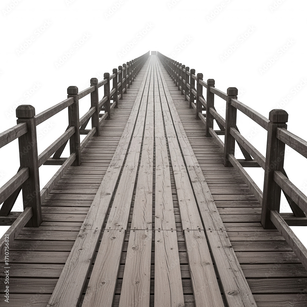 Fototapeta premium Long wooden bridge leading into darkness perspective view of wooden walkway path transparent background