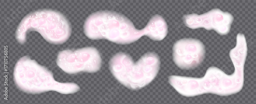 Set of isolated pink foam with soap bubbles.Suitable for detergent, shampoo, shower gel, or shaving product design.