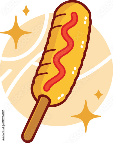 Golden corn dog with red ketchup topping and sparkling accents mustard stick
