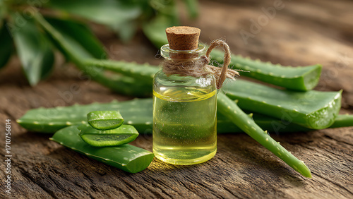 Golden Aloe Vera Oil in a Rustic Corked Vial with Fresh Leaves on a Weathered Wood Surface