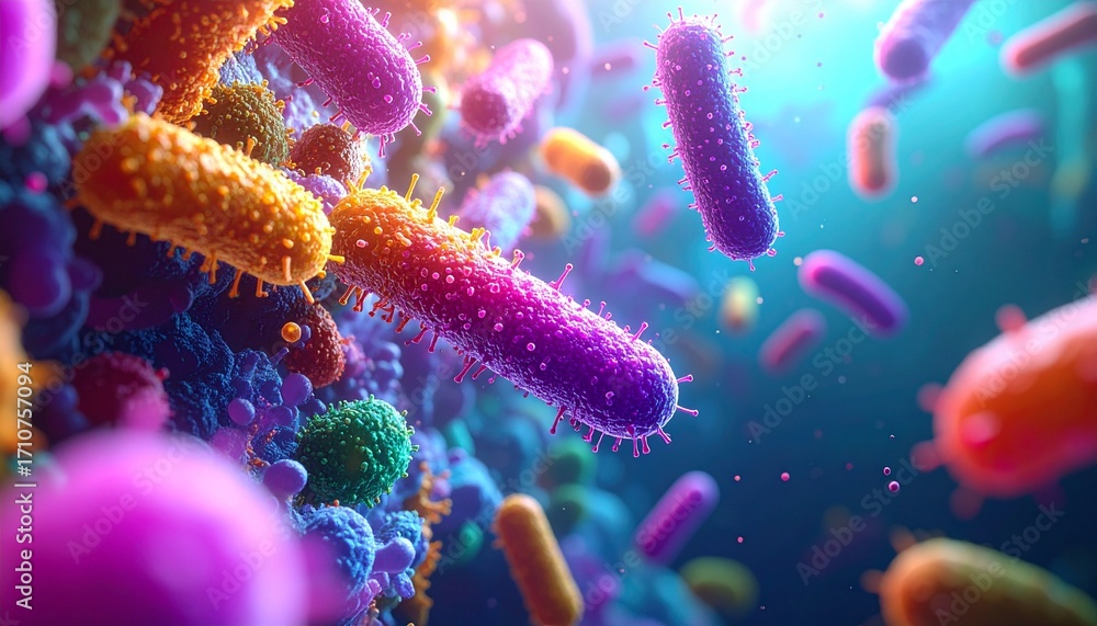 Fototapeta premium colorful 3d render of lactobacillus and bifidobacterium probiotic bacteria in human gut with healthy aesthetic