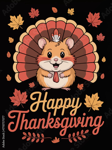 A festive Thanksgiving-themed illustration on a black background featuring a cartoon hamster wearing a red feathered headdress and a brown turkey neck collar.