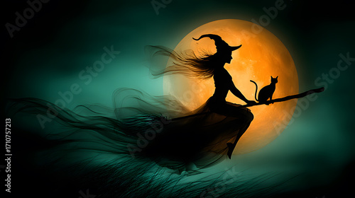 Mysterious witch silhouette rides broom with cat against glowing full moon.