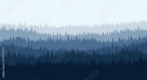 Captivating layered forest illustration showcasing a serene natural landscape with various shades of blue and indigo trees, creating a tranquil, deep, and minimalist atmospheric design