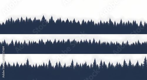 Vector illustration of dark forest tree silhouettes set, ideal for nature-themed design projects, background elements, or horizontal borders depicting outdoor landscapes and wilderness environments