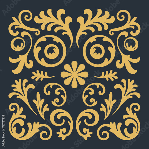ornamental floral vector pattern with gold leaf motifs on dark background seamless design