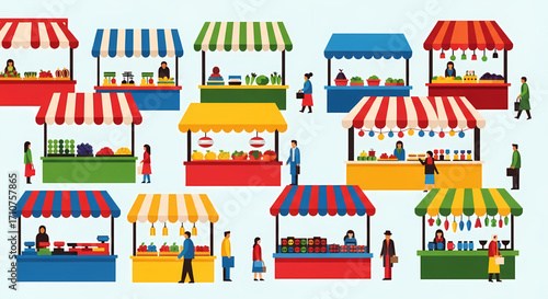 Colorful Market Stalls, Local Vendors, Busy Marketplace, Illustration, Vibrant Atmosphere, Aerial View, Community Spirit