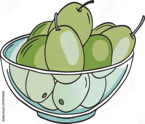 Green olives in a clear glass bowl fruit