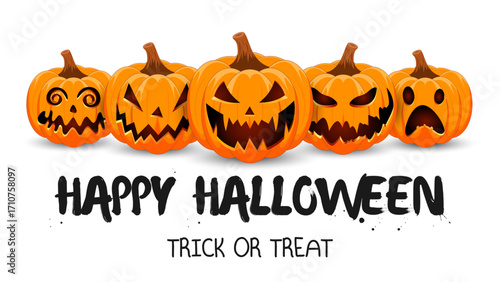 Set carved Halloween pumpkins with different scary faces isolated on white background. The main symbol of the Happy Halloween holiday. Vector illustration.