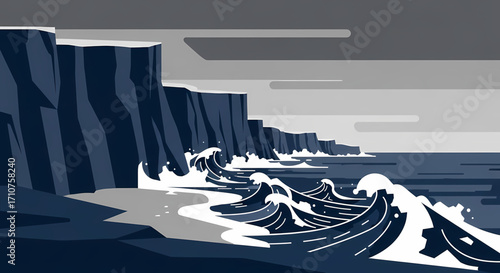 Illustrative view of a powerful, stormy sea crashing against rugged dark cliffs under a dramatic grey sky, capturing the raw, untamed beauty and natural force of the coastal landscape