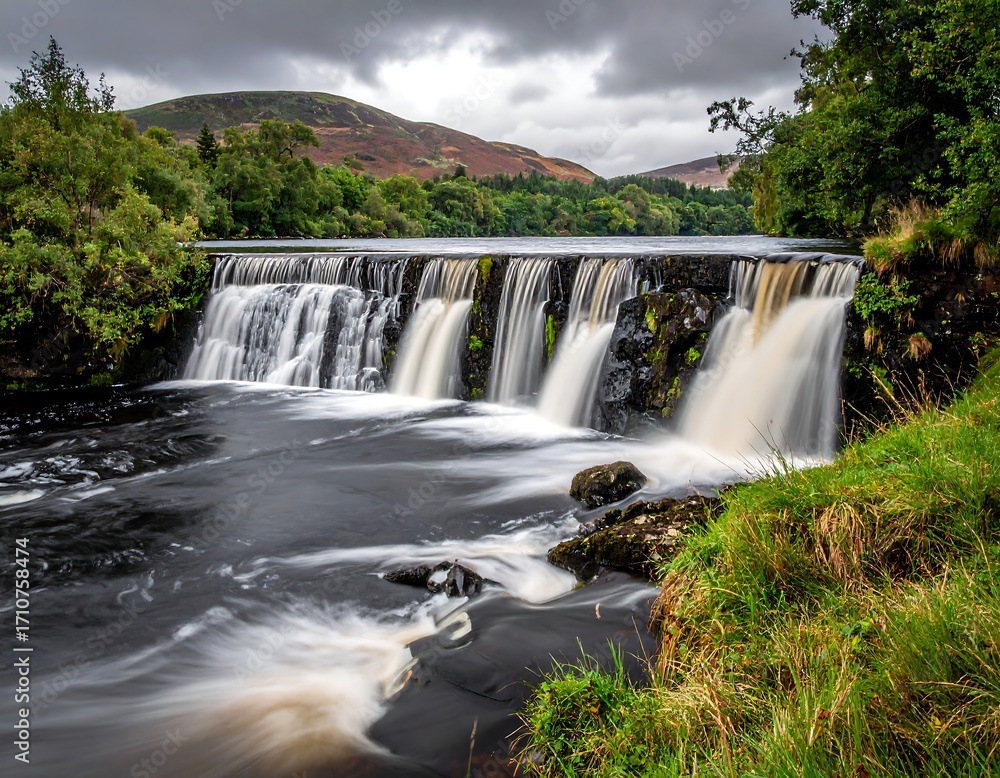 Fototapeta premium Waterfall cascading over dark rocks
