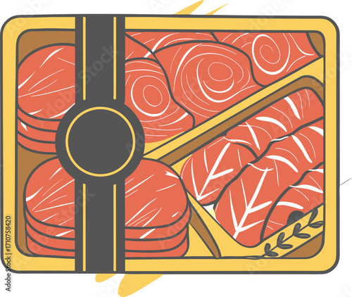 Salmon slices in a yellow tray with dark grey and brown accents fish seafood