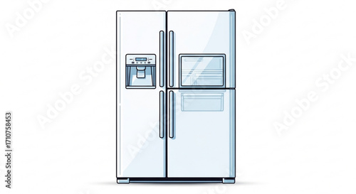 A modern white refrigerator with water and ice dispenser, featuring a sleek design and fourdoor configuration