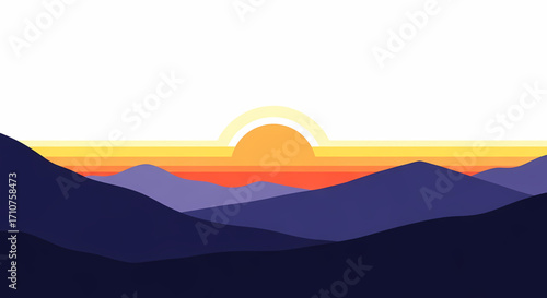 A breathtaking minimalist vector illustration capturing the serene beauty of a vibrant sunrise or sunset over majestic layered mountains, featuring warm hues in the sky