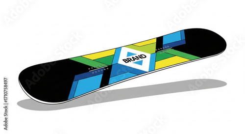 A snowboard with a colorful graphic design, showcasing a modern and stylish board for winter sports enthusiasts